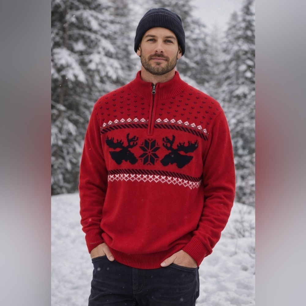 Vintage 90s Chaps Moose Nordic Sweater Men’s L Red 1/4 Zip 100% Cotton - Picture 15 of 15